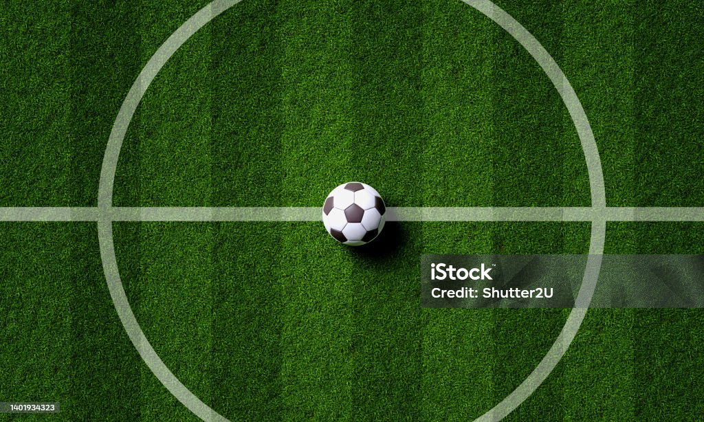 Soccer field center and ball in top view background. Sport and athletic concept. 3D illustration rendering High Angle View Stock Photo
