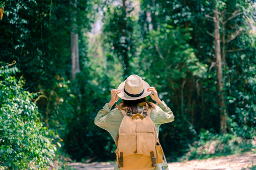 woman traveler with backpack holding hat and looking at amazing mountains and forest, wanderlust travel concept, space for text, atmospheric epic moment