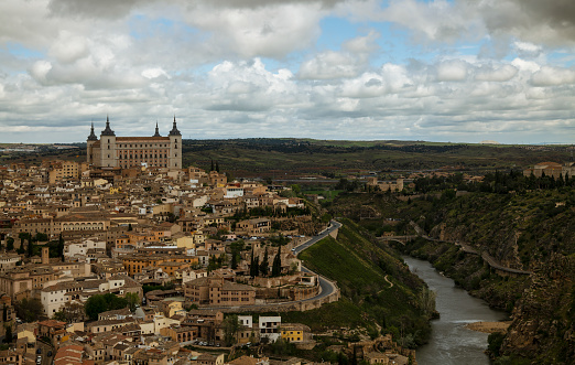 Panoramic view of an ancient city of Toledo, Spain. Toledo is known for world class, medieval, Arab, Jewish and Christian architecture as well as for El Greco’s art.