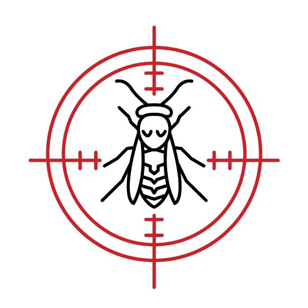 Anti wasp sign. Insect protection icon. Vector illustration Anti wasp sign. Insect protection icon. Wasp-repellent spray, creme, pictogram. Insectifuge round symbol. Editable vector illustration in black color isolated on a a white background. pest control logos silhouette stock illustrations