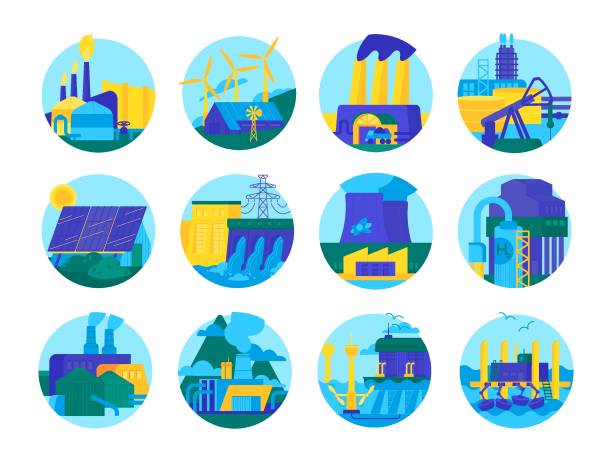 Renewable and nonrenewable energy types. Vector icons collection Renewable and nonrenewable energy types. Electricity generation sources. Solar, water, fossil, wind, nuclear, coal, gas, thermal, geothermal, biomass. Hydro and chemical power plants station resources nonrenewable resources stock illustrations