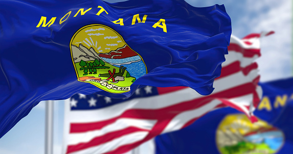 The Montana state flag waving along with the national flag of the United States of America. In the background there is a clear sky. Montana is a state in the western United States