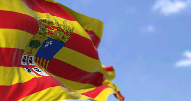 Aragonese flag waving in the wind on a clear day