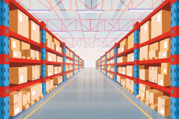 Vector illustration of Perspective view of warehouse with cardboard boxes on racks. Interior of storage room in store, factory, market, hardware store. Vector cartoon illustration.