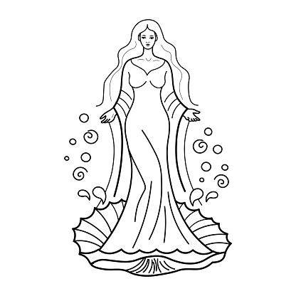 Water goddess. Line arf of the woman with loose hai. Woman standing in a shell.