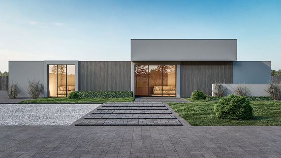 3D rendering illustration of modern house with natural landscape