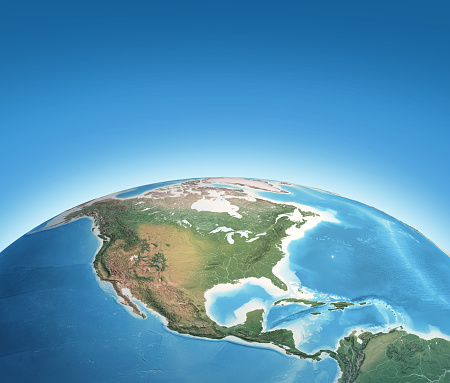 Physical map of Planet Earth, focused on North America, USA, Canada, Mexico and Central America. 3D illustration (Blender software), elements of this image furnished by NASA (https://eoimages.gsfc.nasa.gov/images/imagerecords/147000/147190/eo_base_2020_clean_3600x1800.png)