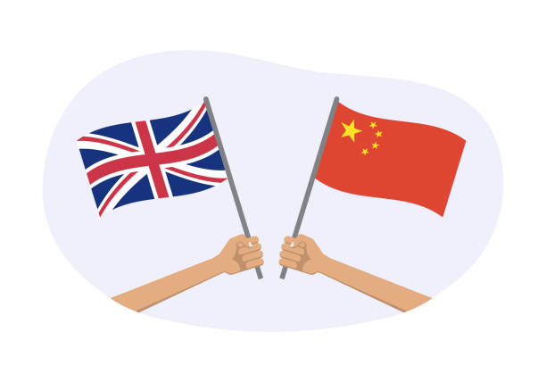 illustrations, cliparts, dessins animés et icônes de drapeaux du royaume-uni et de la chine. symboles nationaux chinois et britanniques. main tenant des drapeaux agités. illustration vectorielle. - british flag vector uk national flag