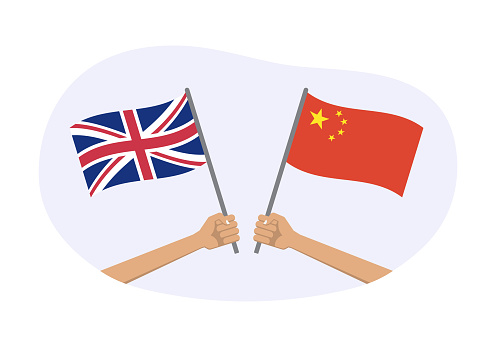 UK and China flags. Chinese and British national symbols. Hand holding waving flags. Vector illustration.