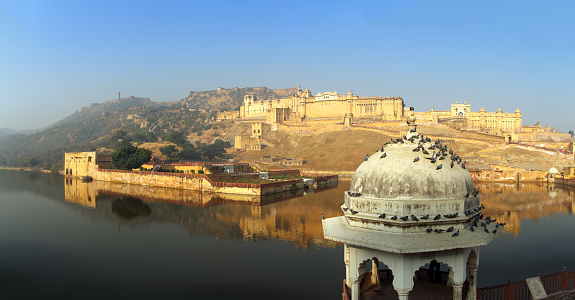 panorama with fort and lake in Jaipur India