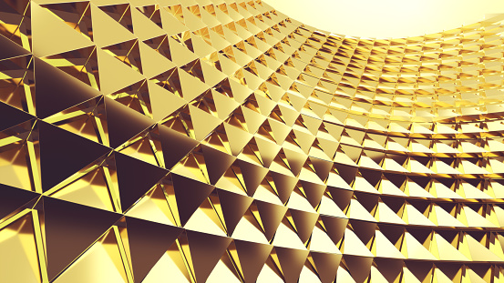 Abstract Gold Color of triangles wall pattern. Futuristic modern geometric architecture. Abstract texture of exterior wall on modern building. Modern Architecture. Futuristic. 3D Render.