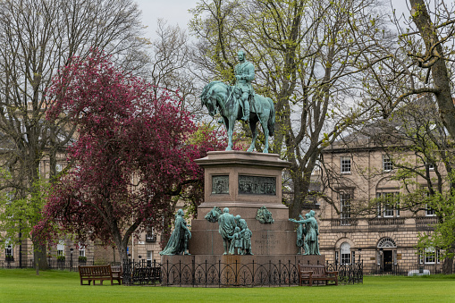 The memorial of Prince Albert in Charlotte Square, Edinburgh. The memorial was made by sculptor Sir John Steell in 1865. The statue depicts Albert mounted on a horse. He wears the uniform of a Field Marshal. Round the base are groups of figures; The Army and Navy by Clark Stanton, The Nobility by William Brodie, and Labour and Science and Learning both by D.W. Stevenson.