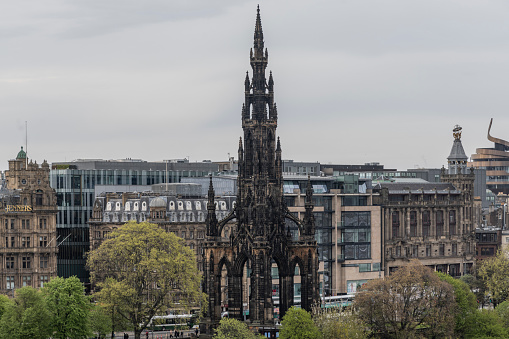 The Scott Monument, 200 foot Victorian tower built in 1840 to honor Sir Walter Scott, the Scottish literary giant. Built in the Princes Street Gardens, Edinburgh.