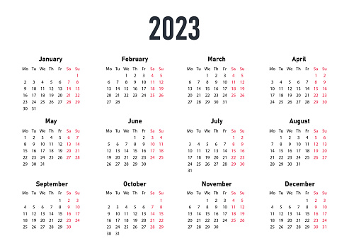 White Calendar 2023. Reminder for planning. Seasons and months. Black weekdays and red weekend numbers, template or mockup for app development, interface elements. Cartoon flat vector illustration
