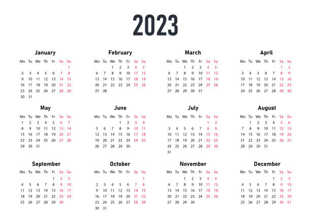 White vector Calendar 2023 White Calendar 2023. Reminder for planning. Seasons and months. Black weekdays and red weekend numbers, template or mockup for app development, interface elements. Cartoon flat vector illustration june stock illustrations