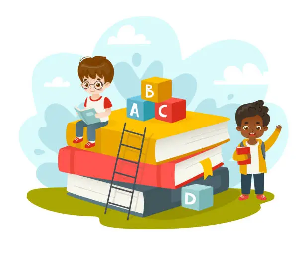 Vector illustration of Learning kids on the huge book stack. Cute boys get knowledge from books. Cartoon children learning.