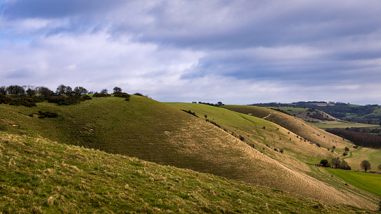 View across Pewsey Downs from the top of Knap hill near Marlborough Wiltshire south west England