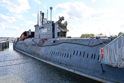 Peenemuende, Germany, May 12, 2022 - The former Soviet submarine K-24, later B-124 and today U-461 as a museum ship in the harbor of Peenemuende