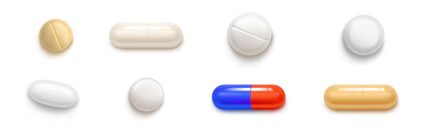 illustrations, cliparts, dessins animés et icônes de pilules, comprimés et médicaments, ensemble de capsules - pill