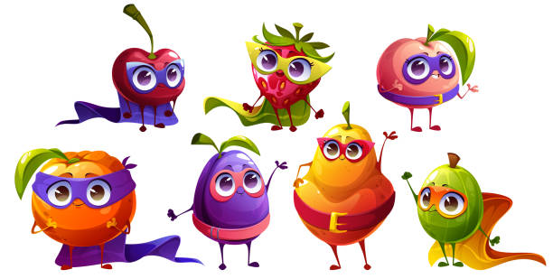 Fruits superheroes cartoon characters, super hero Fruits superheroes cartoon characters, super hero personages cherry, strawberry, peach, plum or mandarin with pear or gooseberry wear cape and mask. Funny kids menu personages Vector illustration, set perfect pear stock illustrations
