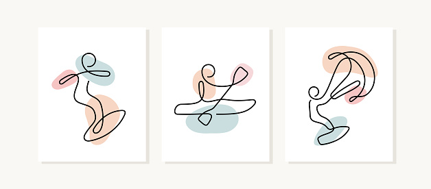 Surfing, kayaking, kite surfing artistic vector illustrations