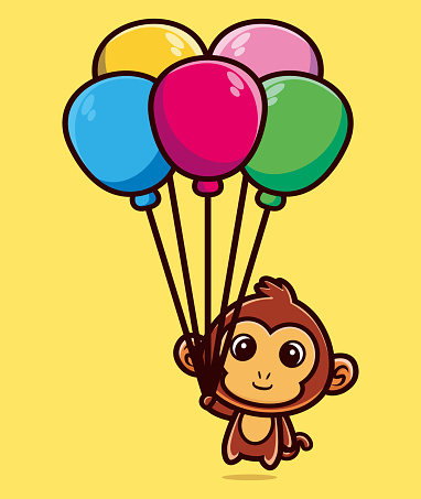 Cute monkey floating with balloon cartoon vector illustration