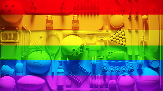 Rainbow Pride Sports Wall Vibrant LGBTQ Equipment Collage Fun Background 3d illustration render
