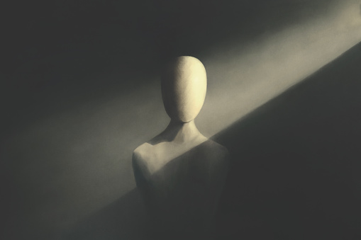 Illustration of wooden mannequin illuminated, surreal absence identity abstract concept