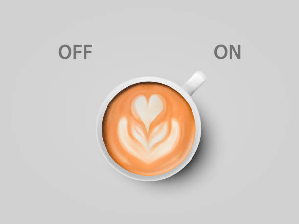 ilustrações, clipart, desenhos animados e ícones de vetor 3d realistic off, no switch com cappuccino, café latte em cerâmica branca, caneca de café de porcelana no whitek. ícone da xícara de café. banner criativo conceito com xícara de café. modelo de design. vista superior - whitek