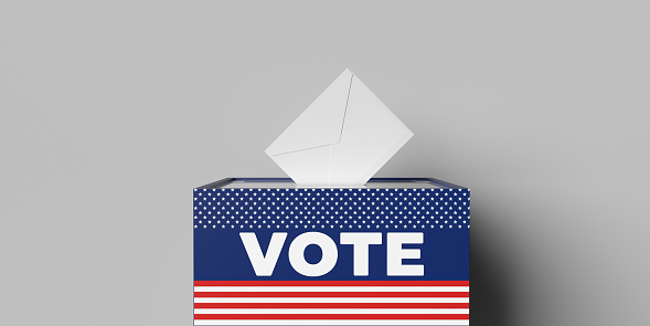 United States of America Presidential Elections concept: USA Voting. Illustrated Ballot box and vote paper with a combination of American flag. Banner set. Inserting Election Vote envelope with blue Stars and red Stripes on grey background with large copy space and easy edit
