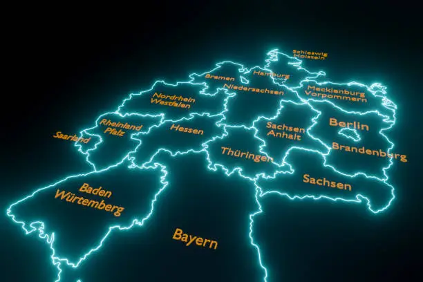 Map of Germany and the federal states. States border in blue neon light. Country and politics banner. 3D Illustration