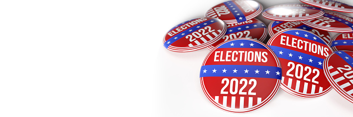 United States of America Presidential Elections concept: USA Voting. Illustrated Ballot box and vote paper with a combination of American flag. Banner set. Election Vote Button with blue and red Stars & Stripes on white background with copy space.