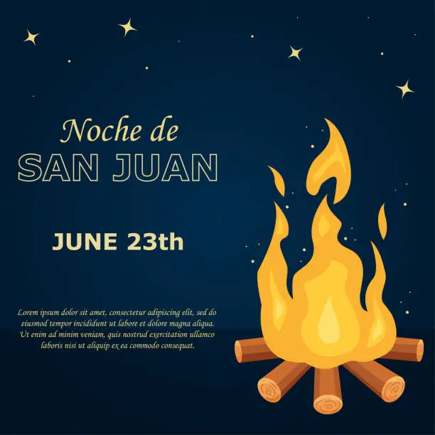 Vector illustration of Noche de San Juan. Night of Saint John in Spanish language. St John's Eve poster template with bonfire, date and place for text.