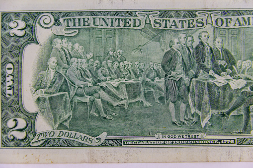 Macro shot of the Declaration of Independence, 1776 drawing from the back of the two dollar bill