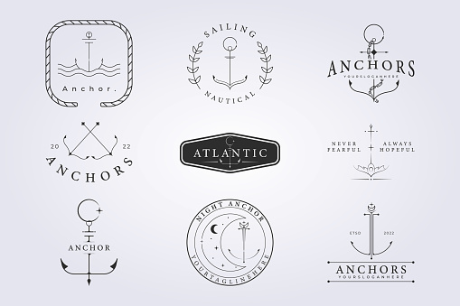 set of anchor of sailor badges vector illustration design for emblem, print, apparel, shirt, icon, label. various of collection bundle wave ocean pirate nautical icon with line art and tattoo style