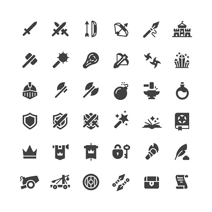 Set of medieval flat vector icons.