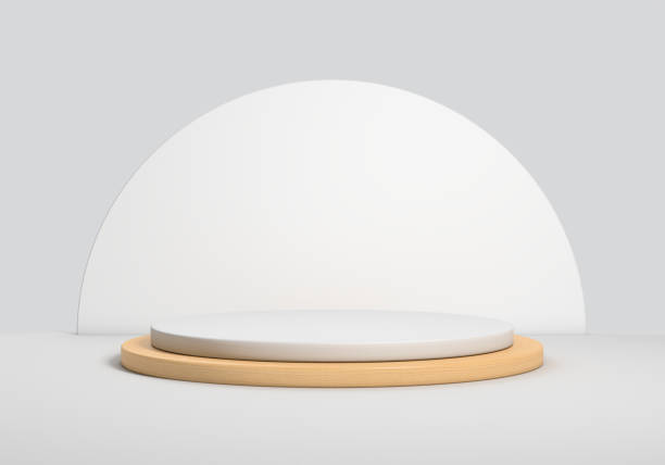 istock Abstract minimal scene with geometric forms. wood podium in white background. product presentation, mock up. 3D rendering. 1401958555