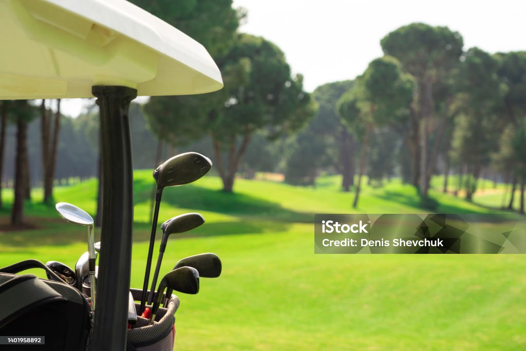 Set of golf clubs in golf bags in the back of a golf cart on a beautiful golf course with pines Set of golf clubs in golf bags in the back of a golf cart on beautiful golf course Golf Course Stock Photo