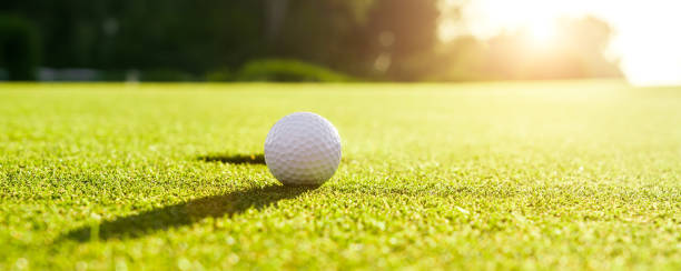 istock Golf ball on the green grass near hole on a golf course at sunset 1401959820