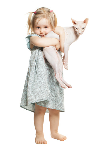 Funny little girl with cat pet isolated on white background