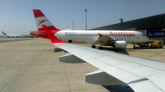 Airbus A320-214 of Austrian Airlines, at the passenger terminal, at Vienna International Airport, Schwechat, Austria