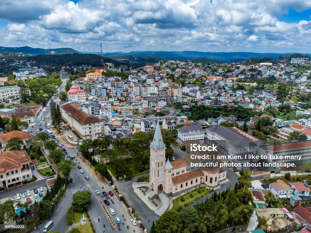 Aerial view of Da Lat city which is a very famous destination for tourists. Vietnam Stock Photo