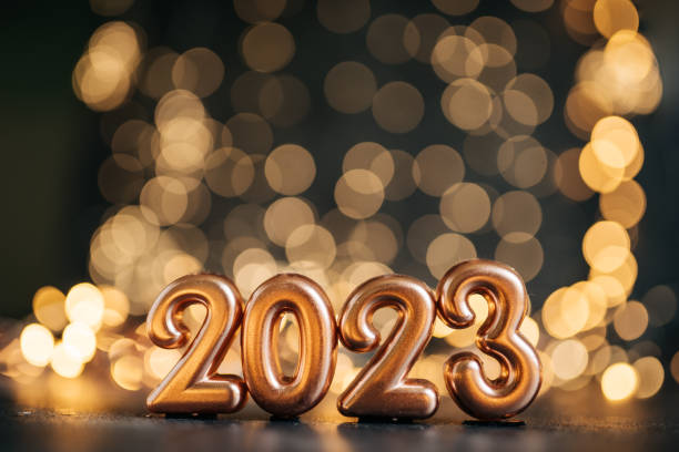 tarjeta de felicitación de fondo del año nuevo 2023 - globo decoración fotos fotografías e imágenes de stock