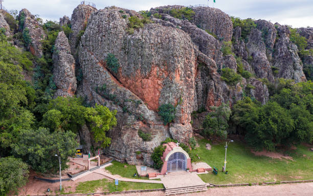 Aerial view of the Cordilleras in Tobati with the Chapel of the Virgin of the Way (Capilla Virgen del Camino) in Paraguay. stock photo