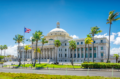 The Puerto Rico Capitol building in San Juan, Puerto Rico on a sunny day.