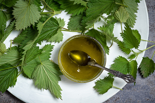 Green honey with nettle with nettle leaves in a White bowl on a gray background. Top view.