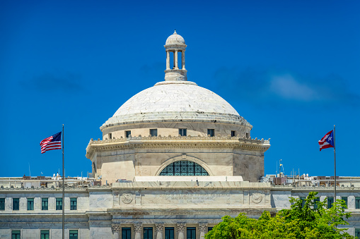 The Puerto Rico Capitol building in San Juan, Puerto Rico on a sunny day.