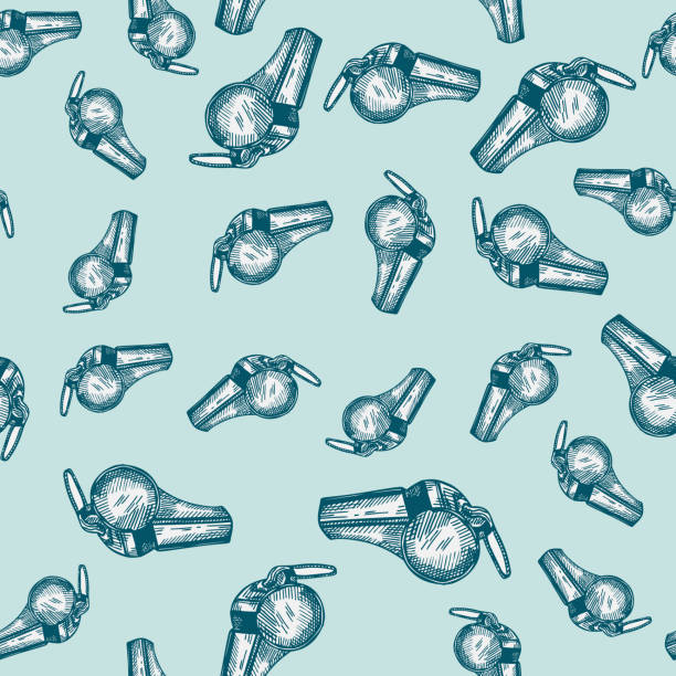 Sport whistle engraving seamless pattern. Vintage background sport topic in hand drawn style. Sport whistle engraving seamless pattern. Vintage background sport topic in hand drawn style. Vector repeated design texture for print, fabric, wrapping, wallpaper, tissue. coach background stock illustrations