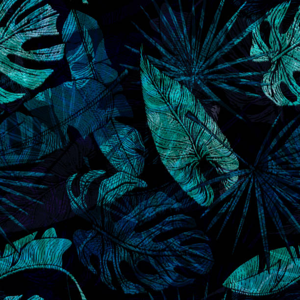 istock Night tropical leaves seamless pattern on black background. Vintage jungle foliage in engraving style. 1401966865