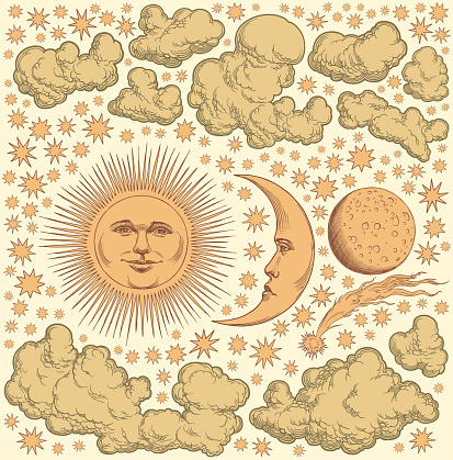Celestial bodies. Design set. Editable hand drawn illustration. Vector vintage engraving. 8 EPS